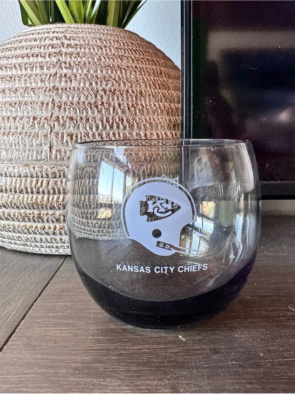 Vintage 1970s Kansas City Chiefs Roly Poly Rocks Glass with Smokey Gray Base